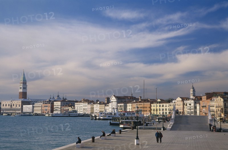 ITALY, Veneto, Venice, Castello.  View along Riva degli Schiavoni towards San Marco beside the Canale de San Marco.