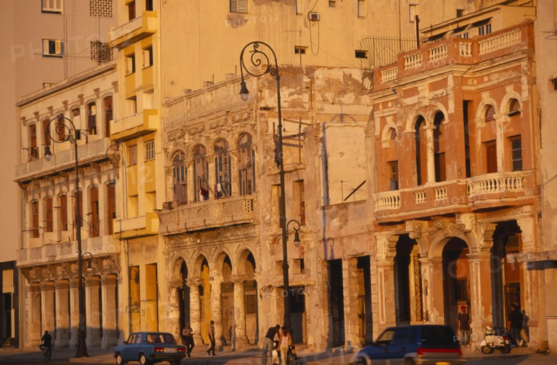 CUBA, Havana, Late sun on Malecon buildings.