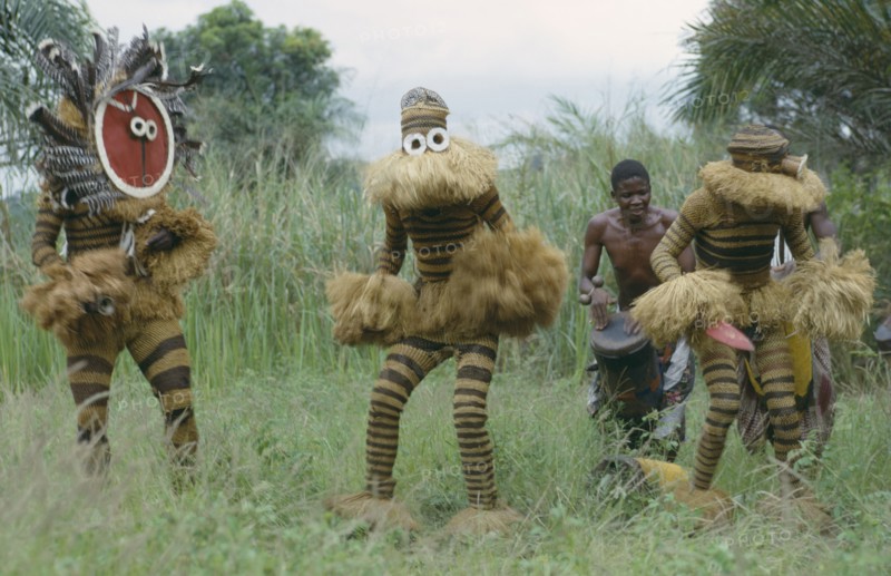 CONGO, Tribal Peoples, Bapende tribe animal masqueraders performing dance at initiation rites.
