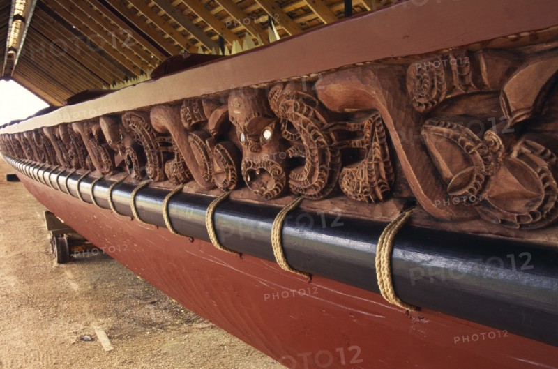NEW ZEALAND, North Island, Waitangi, Detail of Maori war canoe.