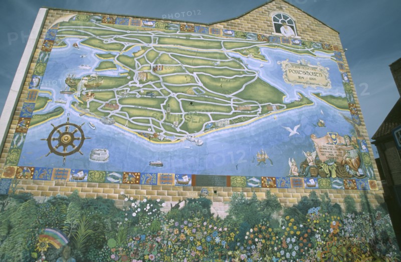 ENGLAND, Hampshire, Portsmouth, Mural map display of Portsmouth City on side of building.