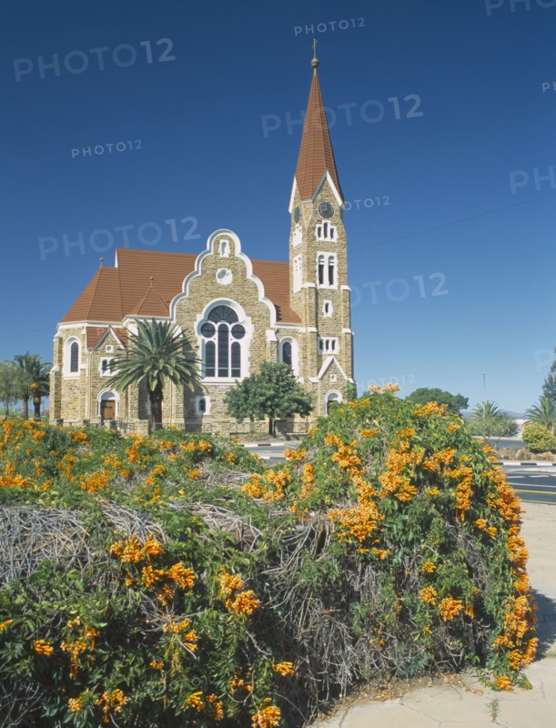 NAMIBIA, Windhoek, Christuskirche church exterior viewed from Parliament Gardens with a flowering bush in the foreground.
