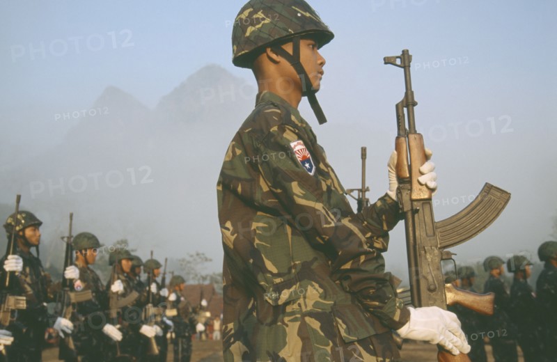 MYANMAR, Karen State of Kawthoolei, "Soldiers in a parade at the Karen National Union, KNU, Revolution Day."