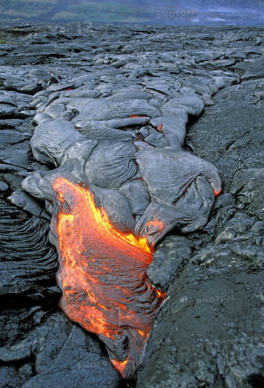 USA, Hawaii,  The Big Island, "Flow of pahoehoe or ropey lava, near the Chain of Craters Road on the slopes of Mt Kilauea volcano, in the south of this, the most volcanically active Hawaiian island ."