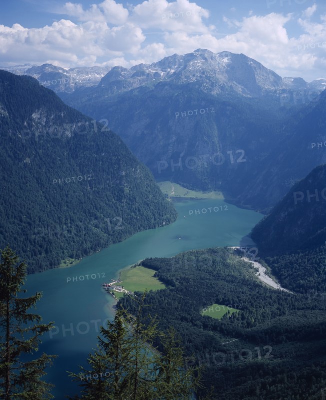 GERMANY, Berchtesgaden, Konigsee, "Areal view of lake from the North, Funtensee tauern mountain in the background."