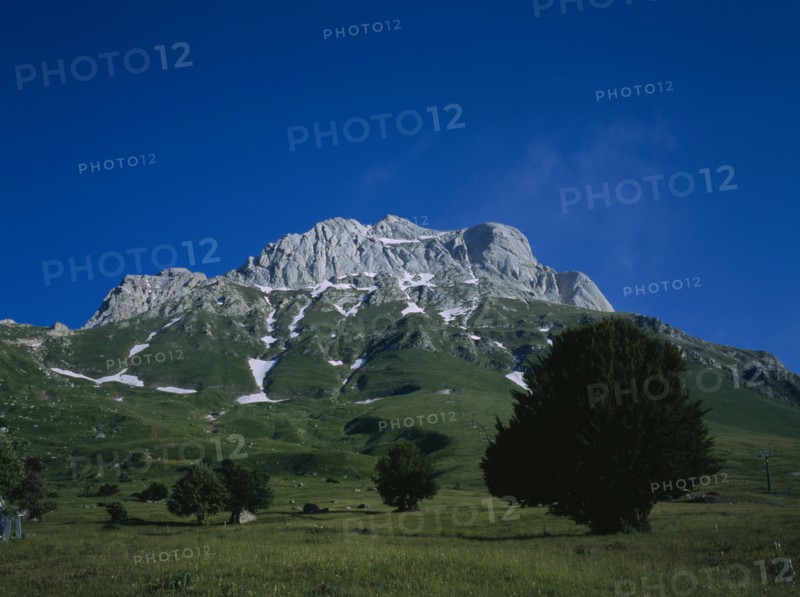 ITALY, Abruzzo, Corno Grande, View of the mountain from the Village of Pietracamela.