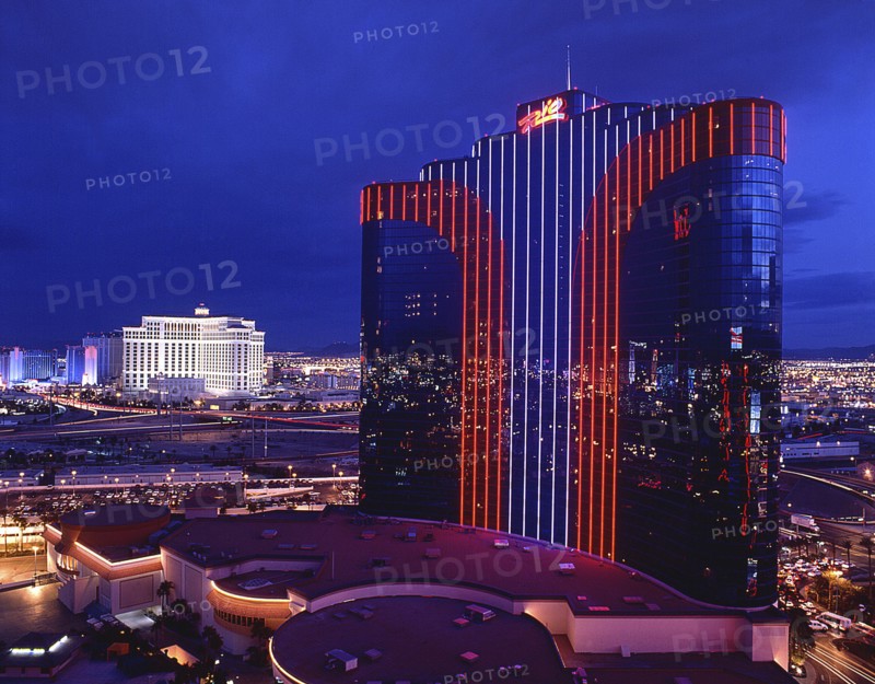 USA, Nevada, Las Vegas, Rio building at night with reflections of street lights in the glass