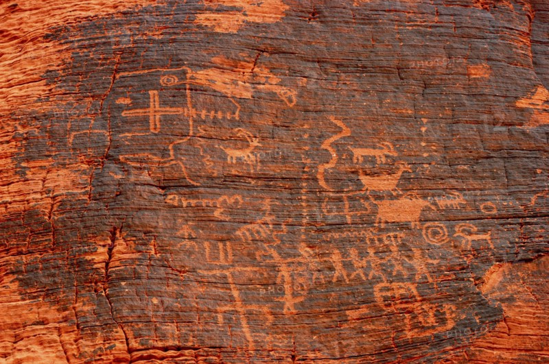 USA, Nevada, Valley of Fire, Close up of Petroglyphs carved onto a rock surface