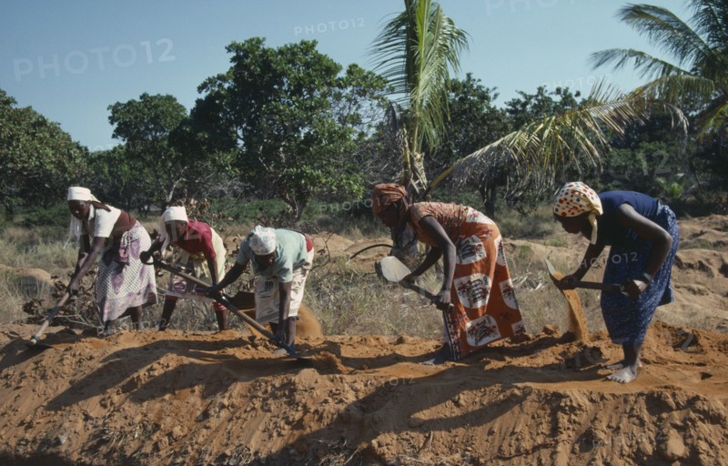 MOZAMBIQUE, People, UNILO road refurbishment.  Line of female labourers.