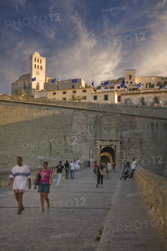 SPAIN, Balearic Islands, Ibiza, "View of Portal de ses Taules, the gateway to D'Alt Vila, the old walled town, Eivissa. "