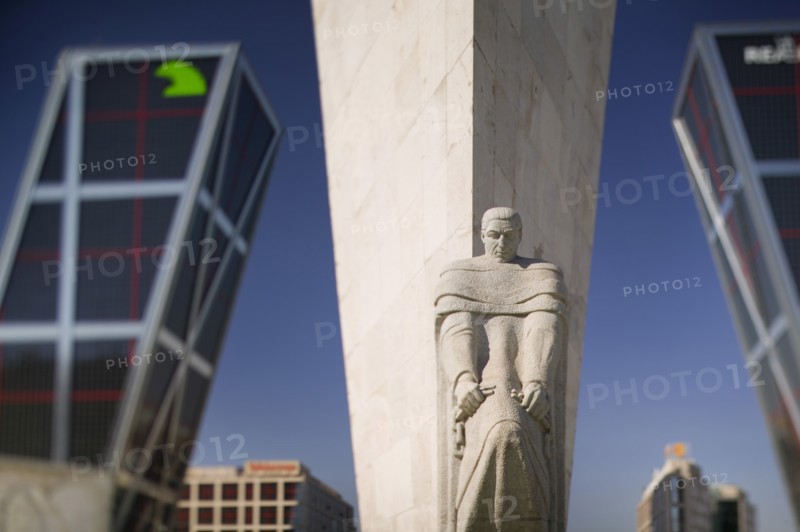 SPAIN, Madrid, Detail of Espana A Calvo Sotelo statue in front of the Torres de Europa in Plaza de Castilla.