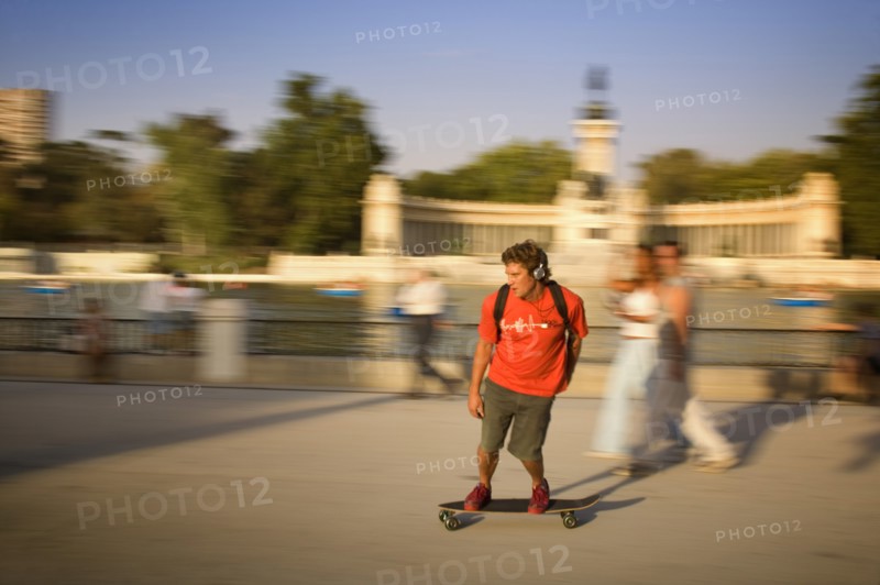 SPAIN, Madrid, "A Skate boarder in Retiro Park, motion, blur, movement"