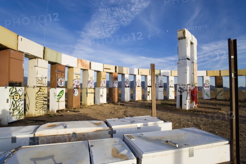USA, New Mexico, Santa Fe, Stonefridge a life sized replica of Stonehenge made out of recycled fridges by local artist and filmmaker Adam Horowitz