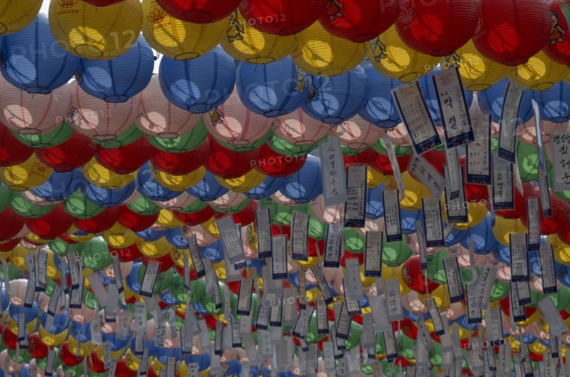 SOUTH KOREA, Seoul, Jogyesa Temple. Buddhist lanterns hung to celebrate Buddhas Birthday.