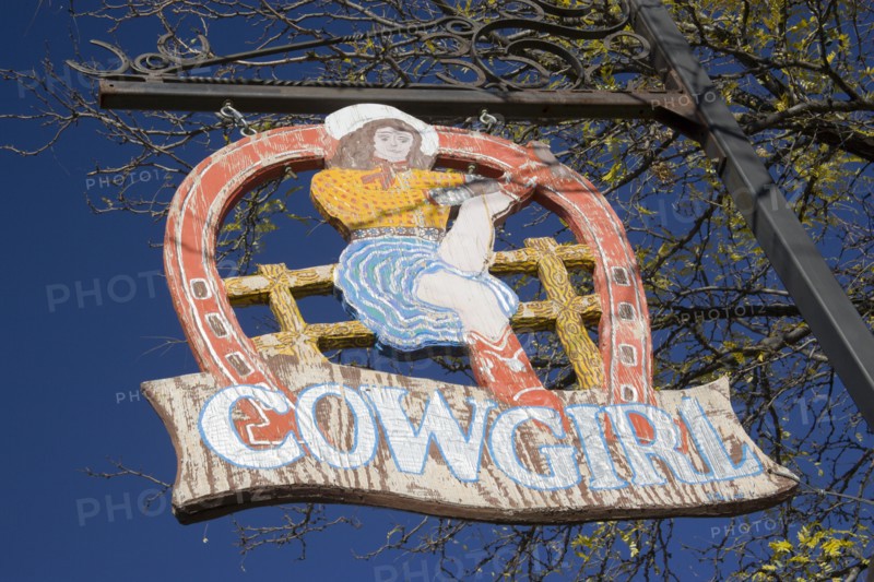 USA, New Mexico, Santa Fe, The Cowgirl Cafe sign
