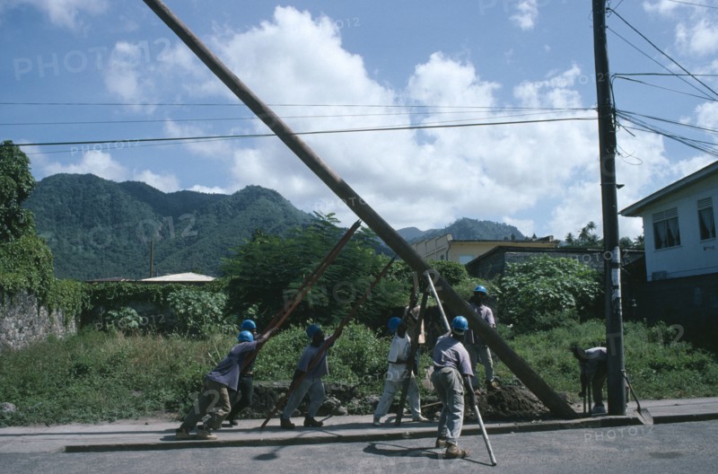 ST LUCIA, People, Workers raising new telegraph pole.