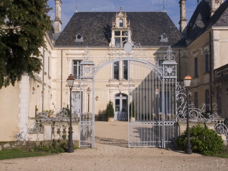 FRANCE, Deux Sevres Region, Poitiers, Iron entrance gate and lampposts in front of the Chateau des Forges.
