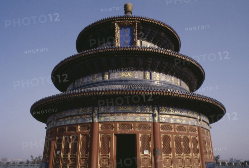 CHINA, Beijing, Exterior of the Hall of Prayer for Good Harvests in the Temple of Heaven complex.  Triple gabled circular building built on three levels.