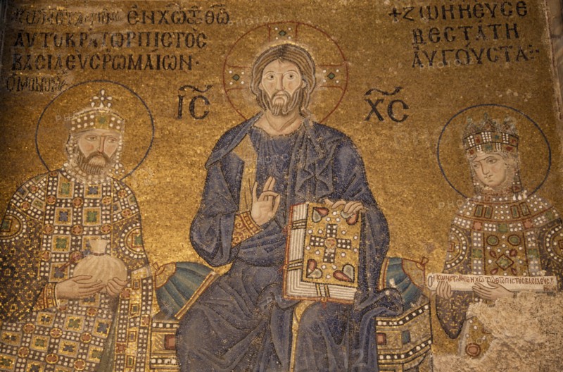 TURKEY, Istanbul, Detail of mosaic painting in Aya Sofya depicting Christ with Emperor Constantine IX Monomachus offering a bag of coins and the Empress Zoe holding a scroll.