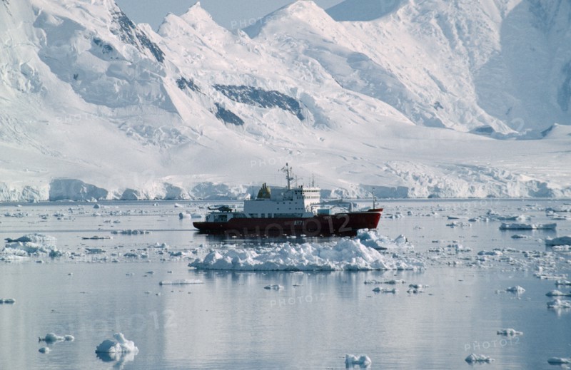 ANTARCTICA, Transport, British Ice Patrol ship HMS Endurance on water with snow covered mountains behind