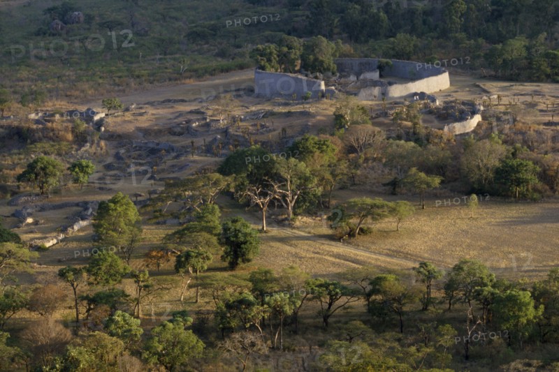 ZIMBABWE, Great Zimbabwe Ruins, "Elevated view over ruins of ancient stone city, thought to be 12th Century AD."