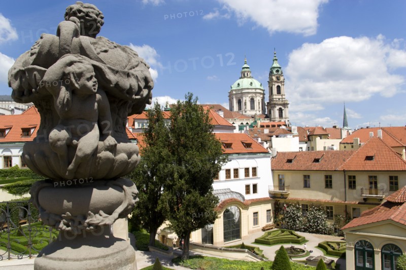 CZECH REPUBLIC, Bohemia, Prague, The 18th Century Vrtba Gardens with the Church of St Nicholas beyond in the Little Quarter.