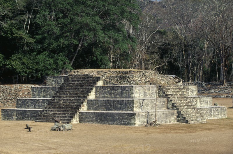 HONDURAS, Copan, Step Pyramid in the Great Plaza of Mayan ruins in the Western Highlands.