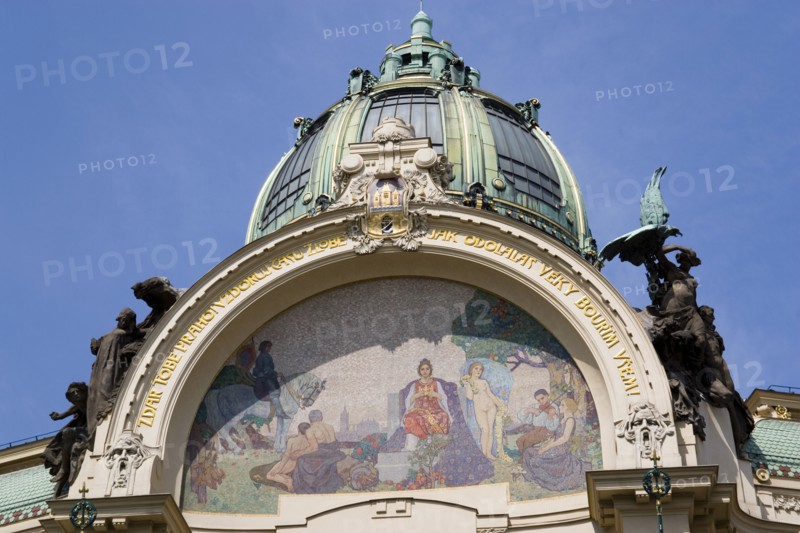 CZECH REPUBLIC, Bohemia, Prague, Karel Splilar’s mosaic “Homage to Prague” on the facade of the Art Nouveau Municipal House in the Old Town