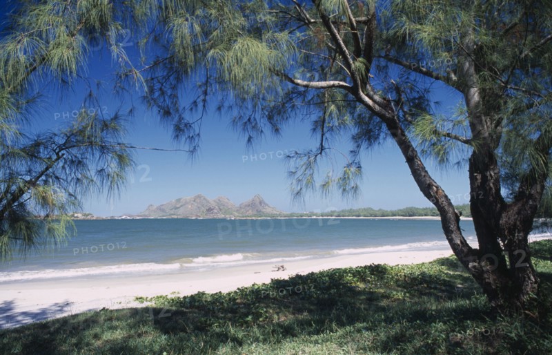 MADAGASCAR, Fort Dauphin, Lokaro, The Bay of Lokaro with view from under trees towards sandy stretch of beach and sea with mountains seen from across the water