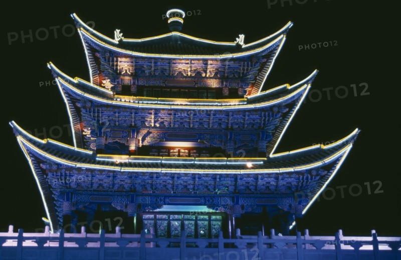 CHINA, Yunnan, Dali, "Neon, illuminated temple in the old city."