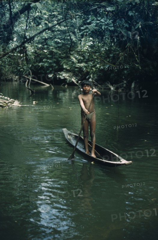 COLOMBIA, Choco Region, Noanama Tribe, Boy paddles canoe along tributary stream through dense tropical jungle. Wearing intricately made silver earplugs as adornment – to attract girls