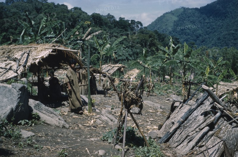 COLOMBIA, Sierra de Perija, Yuko - Motilon, Village in the Sierra de Perija with dwelling huts and maize storage shelters. Man wears long woven cotton toga
