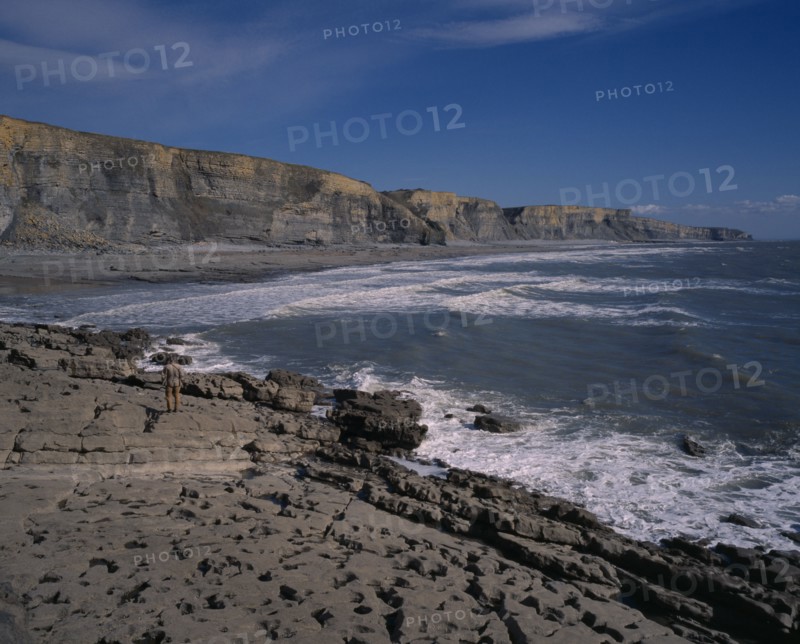 WALES, Vale of Glamorgan, Southerndown, "A man standing on the shore of the South Coast with Liassic Limestone cliffs, near Bridgend."