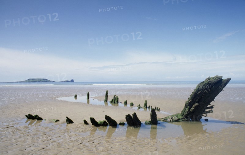 WALES, Gower Peninsula, Rhossili Bay , Helvetia 1890’s shipwreak. Oak carcass on sandy beach at low tide with Worms Head seen from across the sea in the distance
