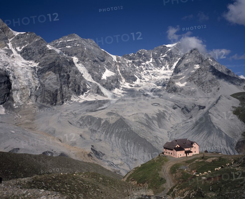 ITALY, Dolomites, Trentino, Sulden. A single pink building at the foot of Schaubachhutte with Mount Zebru and Ortler