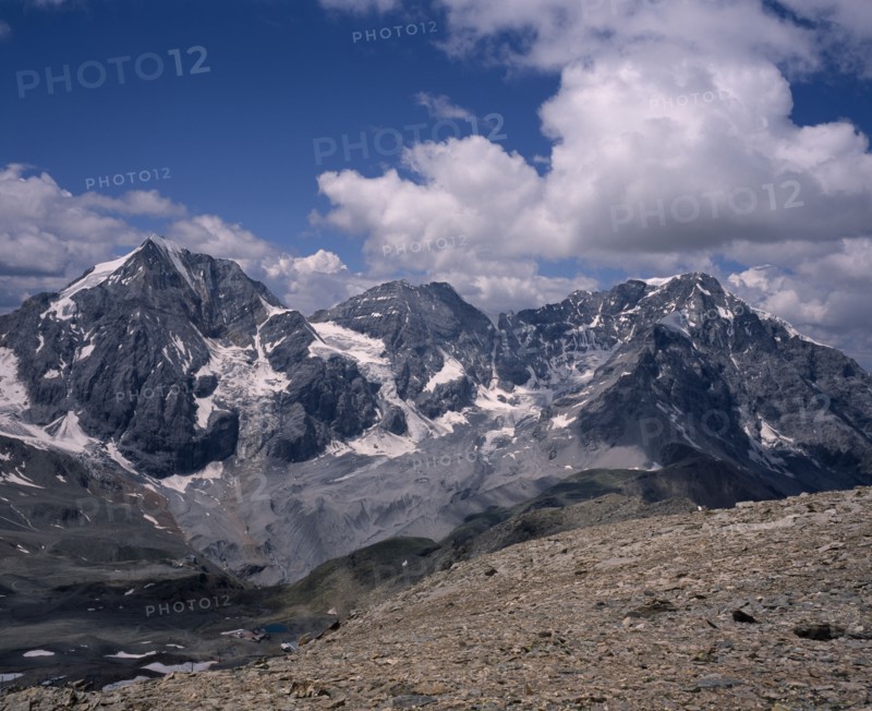 ITALY, Dolomites, Trentino, "Sulden. Snow peaked mountains seen from Hinter Schontauf Spitze. Konigspitze, Mount Zebru and Ortler"