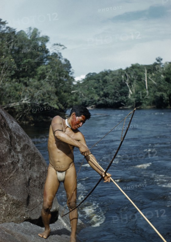 COLOMBIA, Vaupes Region, Tukano Tribe, Man fishing with “macana” wood bow and bamboo arrow in rio Piraparana