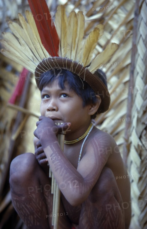 COLOMBIA, Vaupes Region, Tukano Tribe, Young boy playing panpipes outside maloca prior to a festival. Painted with deep purple we leaf dye and wearing crown of red macaw and yellow toucan feathers