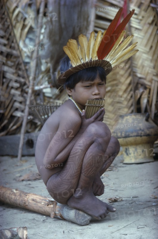 COLOMBIA, Vaupes Region, Tukano Tribe, "Young boy with “we” dark purple leaf dye and a crown of macaw and toucan feathers, plays the “carizu” panpipes"
