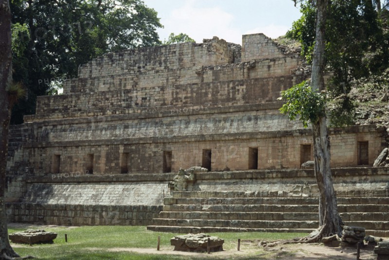 HONDURAS, Western Highlands, Copan, Exterior walls of stone structure in ancient Mayan site.