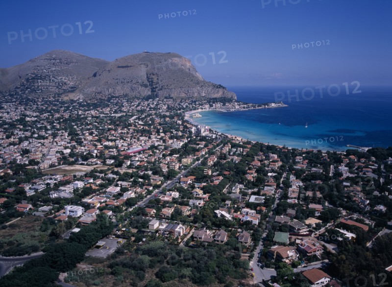 ITALY, Sicily, Palermo, "Aerial view of the coastal town of Mondello, North of Mount Pellegrino and city of Palermo, Mount Gallo  in the background."