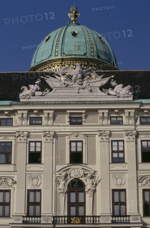 AUSTRIA, Vienna, Winter Palace.  Part view of exterior with copper and gold domed roof.