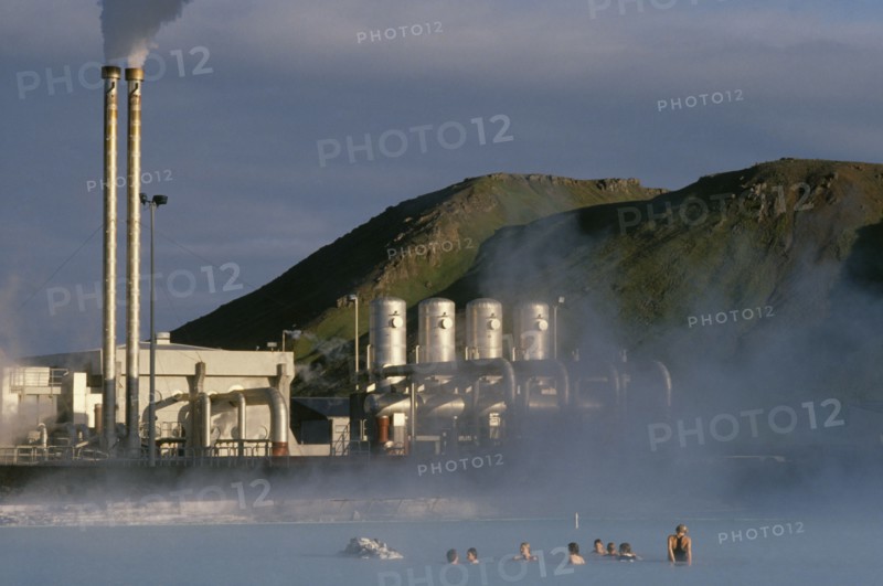 ICELAND, Gullbringu, Reykjanes, Svartsengi geothermal power plant and Blue Lagoon.  Water is popular with bathers to relieve skin complaints.