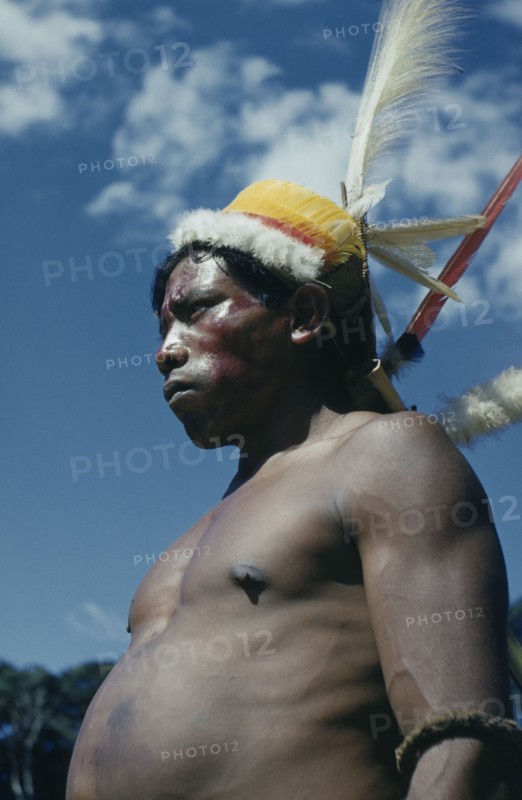 COLOMBIA, Vaupes Region, Tukano Tribe, "Man with ceremonial feather head-dress – crown of white egret down, macaw and toucan breast feathers, royal crane and macaw tail feathers; forest nut arm band, red “Achiote” berry facial paint"