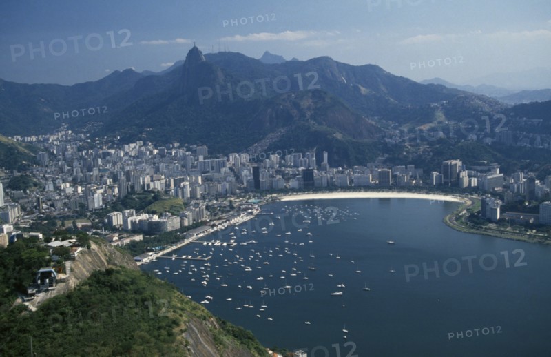 BRAZIL, Rio de Janeiro, View of Botafogo harbour and Corcovado mountain from Pao de Acucar.