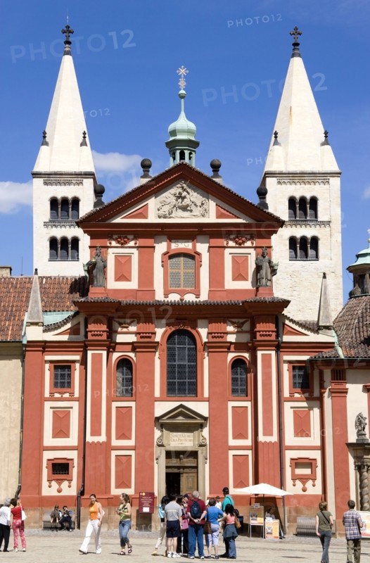 CZECH REPUBLIC, Bohemia, Prague, The facade and towers of St George Basilica within Prague Castle in Hradcany