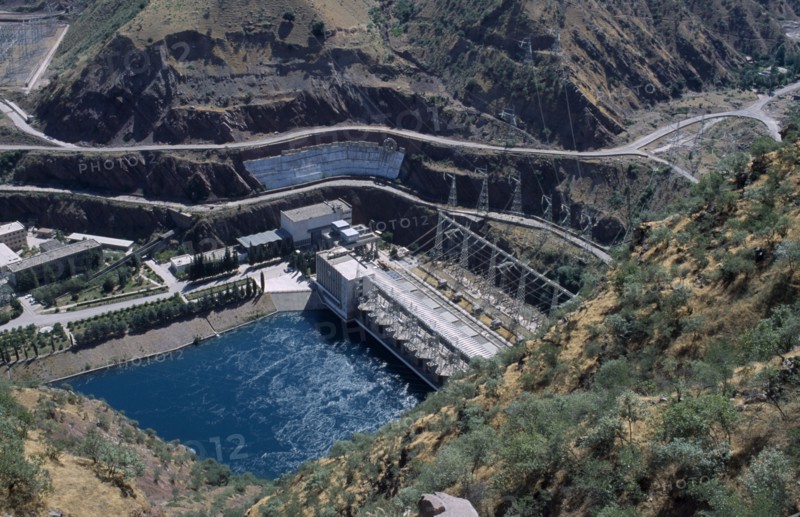TAJIKISTAN, Nurek, View looking down on the hydroelectric power station.