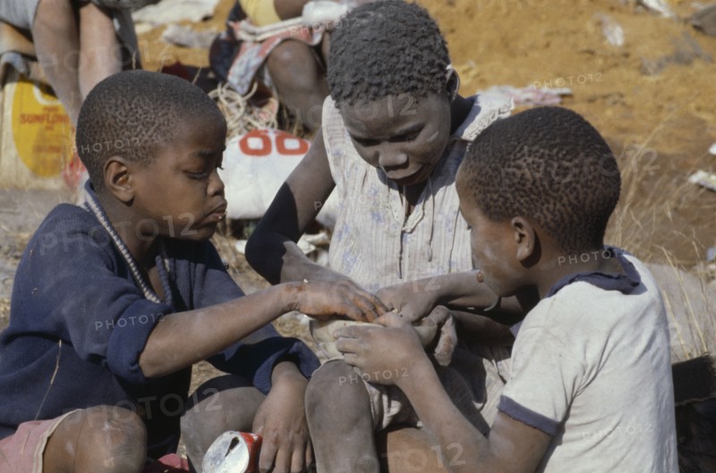 SOUTH AFRICA, Gauteng, Soweto, Three children eating from rubbish dump.