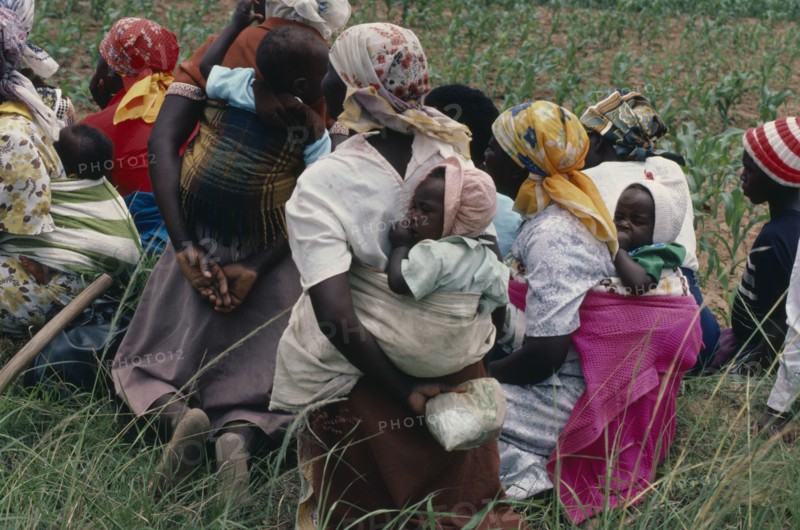 ZIMBABWE, People, "Women farmers attending a meeting of Takai da kraal agricultural co-operative, some with babies. "