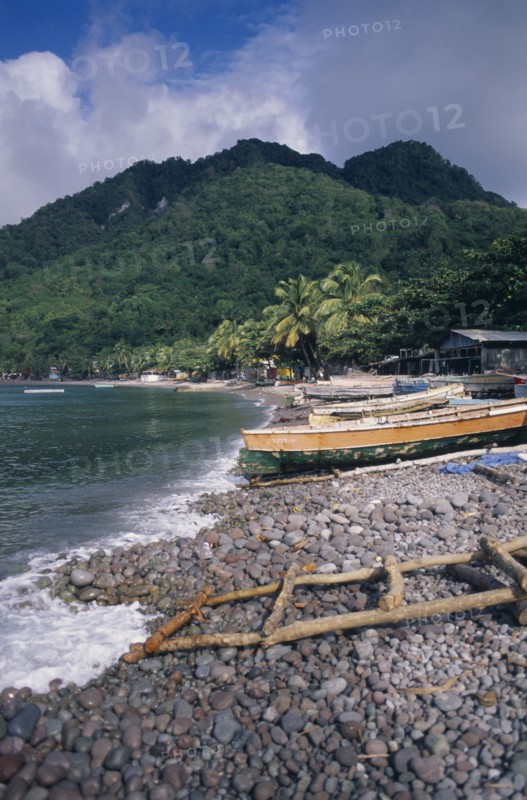 DOMINICA, Windward Islands, Soufriere Bay, Scotts Head fishing village. View across stoney beach lined with wooden fishing boats and huts towards palm trees and tree covered hillside